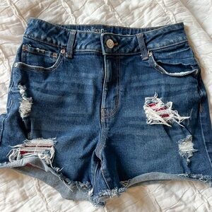 (maurices) m jeans high rise denim shorts with distressed red bandana pockets